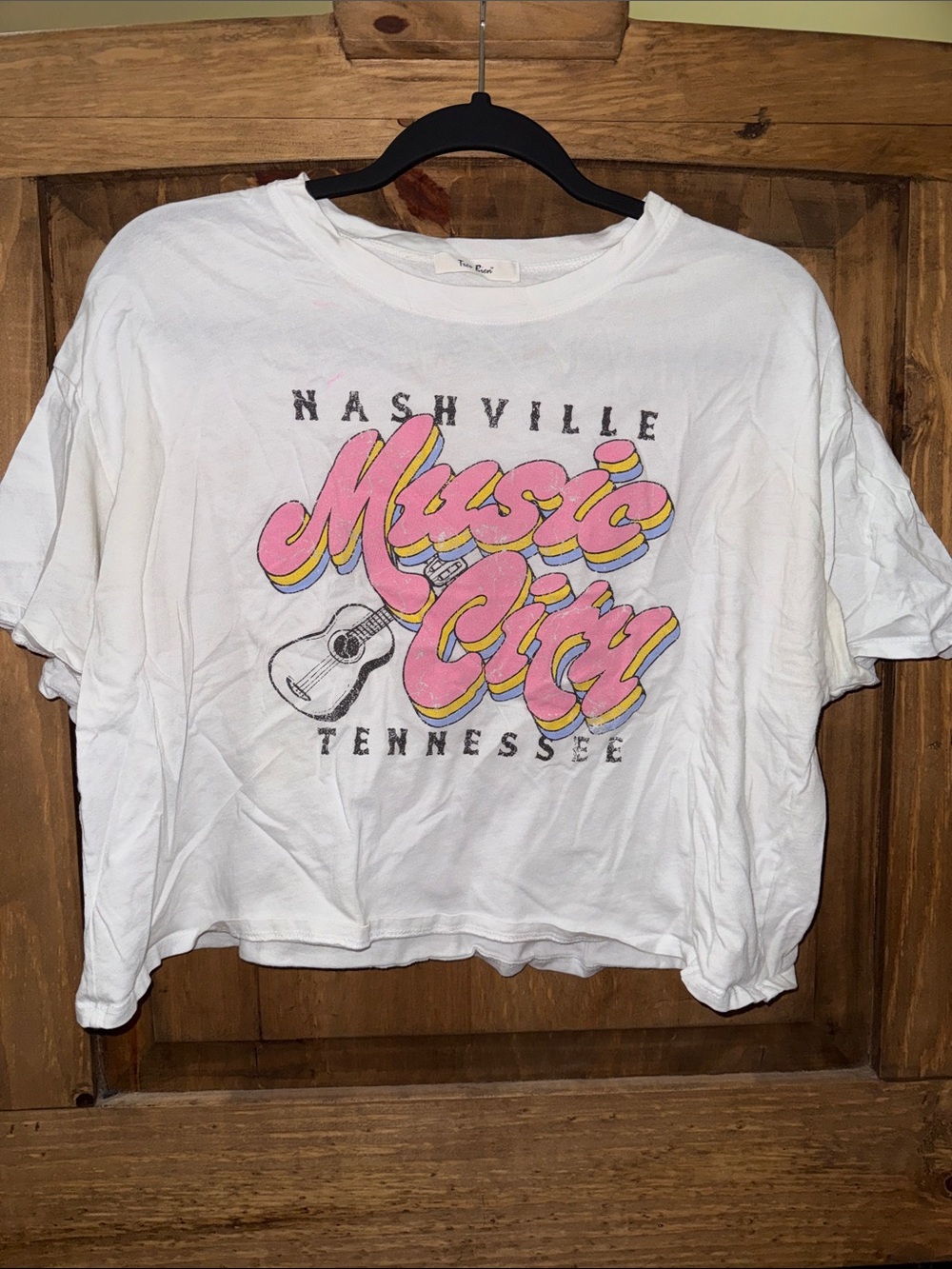 Tres Bien White Crop Tee with Pink & Yellow 'Music City' Graphic